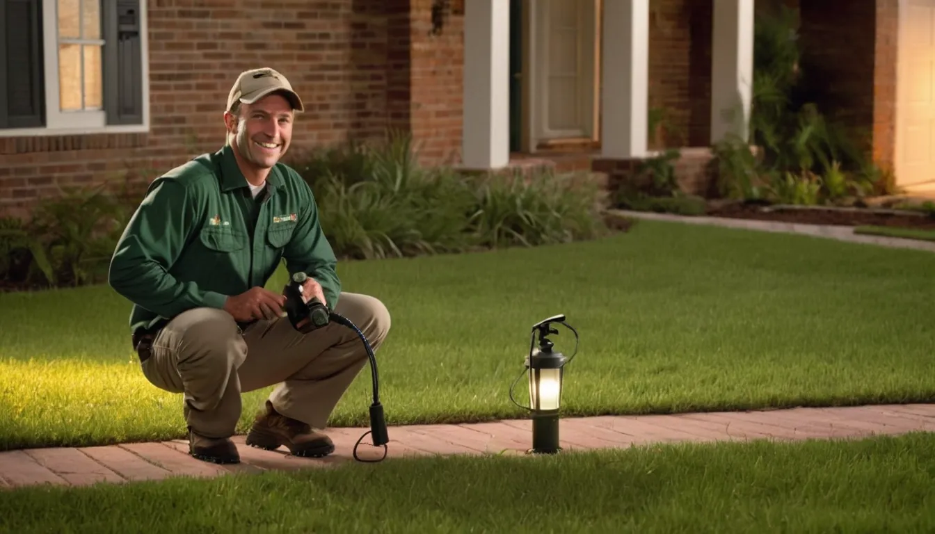 A friendly pest control provider inspecting the exterior of a brick ranch home in Gretna