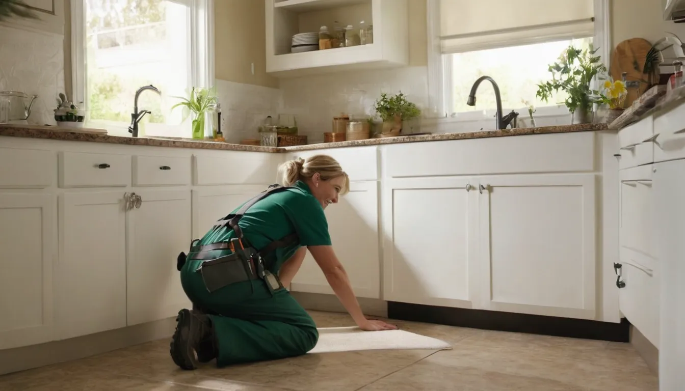Independent pest control provider inspecting a kitchen baseboard in a Gretna home